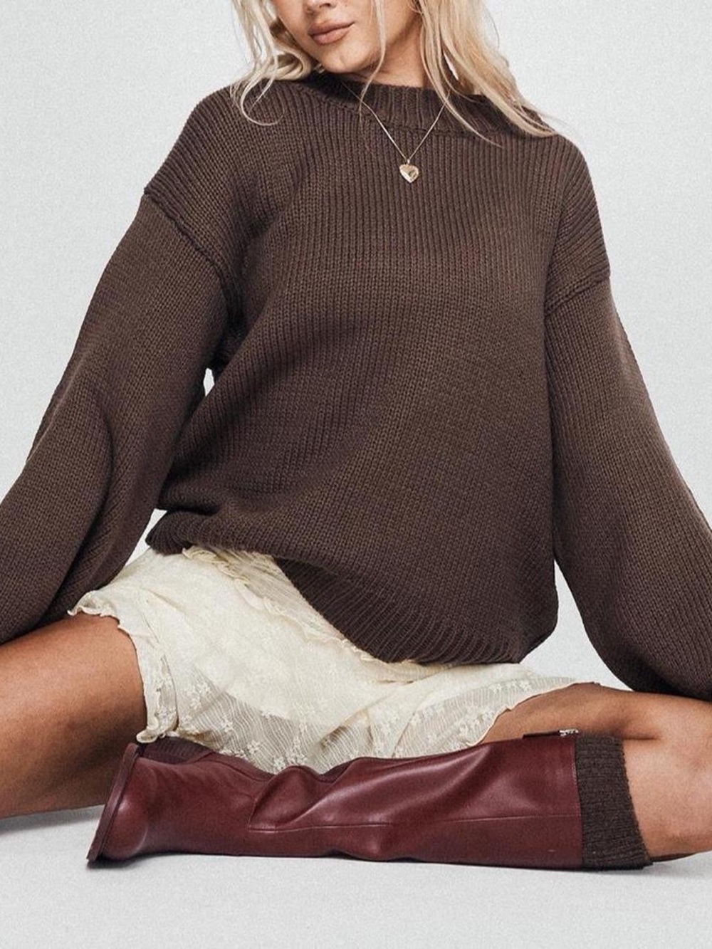 Harmony balloon sleeve knit sweater in dark brown from princess polly